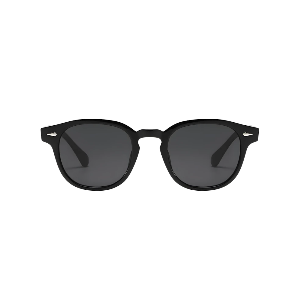 Small round acetate sunglasses with black frame and black polarized lenses, front view — HARO Antibes 1923