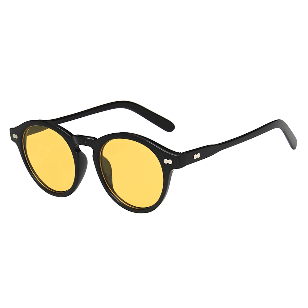 Round sunglasses with black frame and yellow lenses, side angle — HARO Bordighera Liguria
