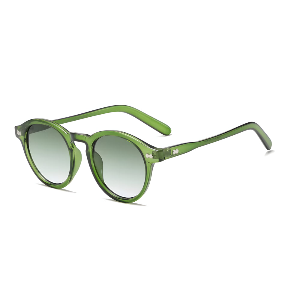 Round sunglasses with green frame and green lenses, side angle — HARO Bordighera Liguria