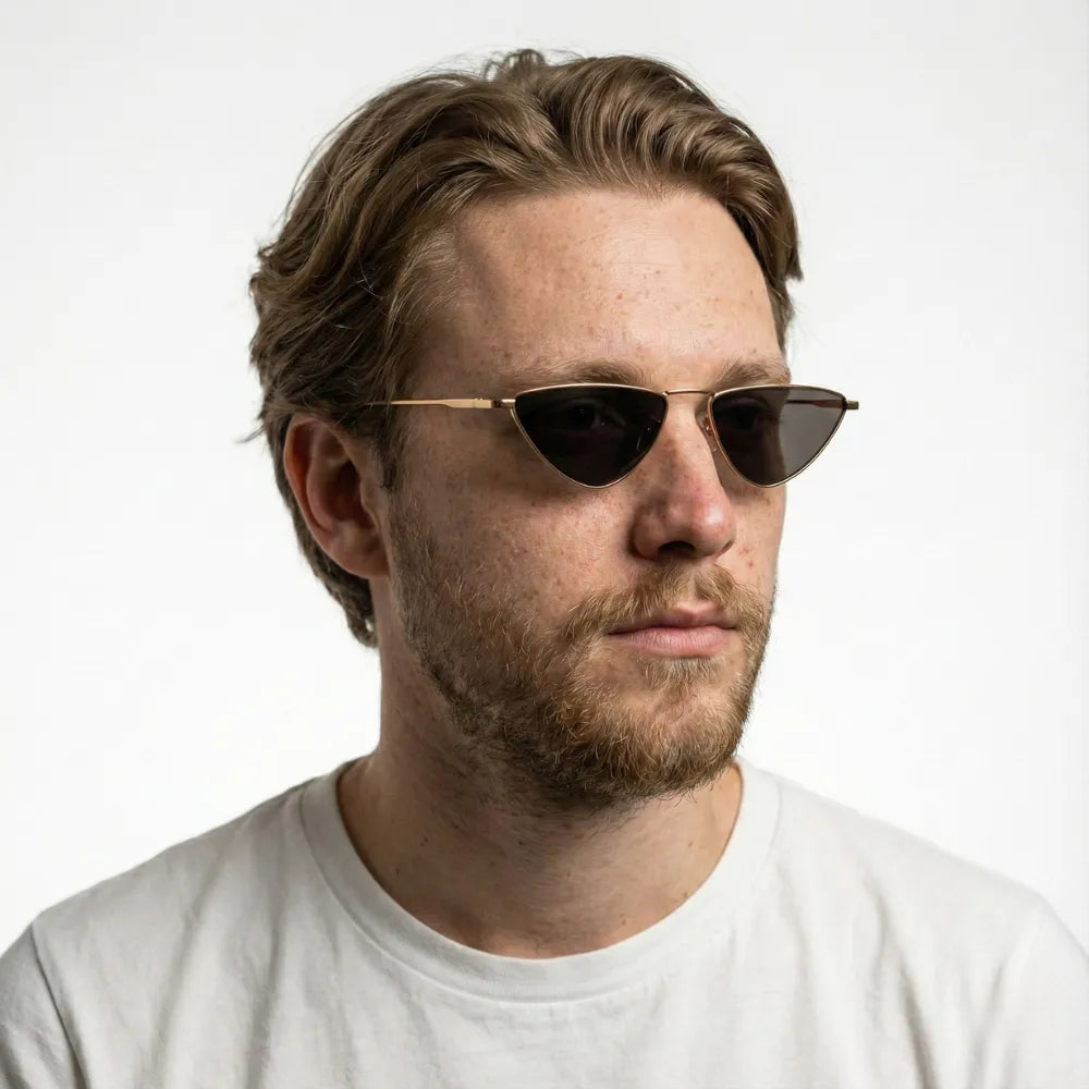 Thin cat-eye metal sunglasses, close-up detail — HARO Hyères Palmiers