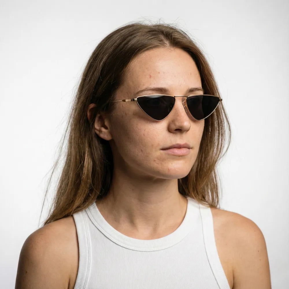 Cat-eye metal sunglasses, model portrait — HARO Hyères Palmiers