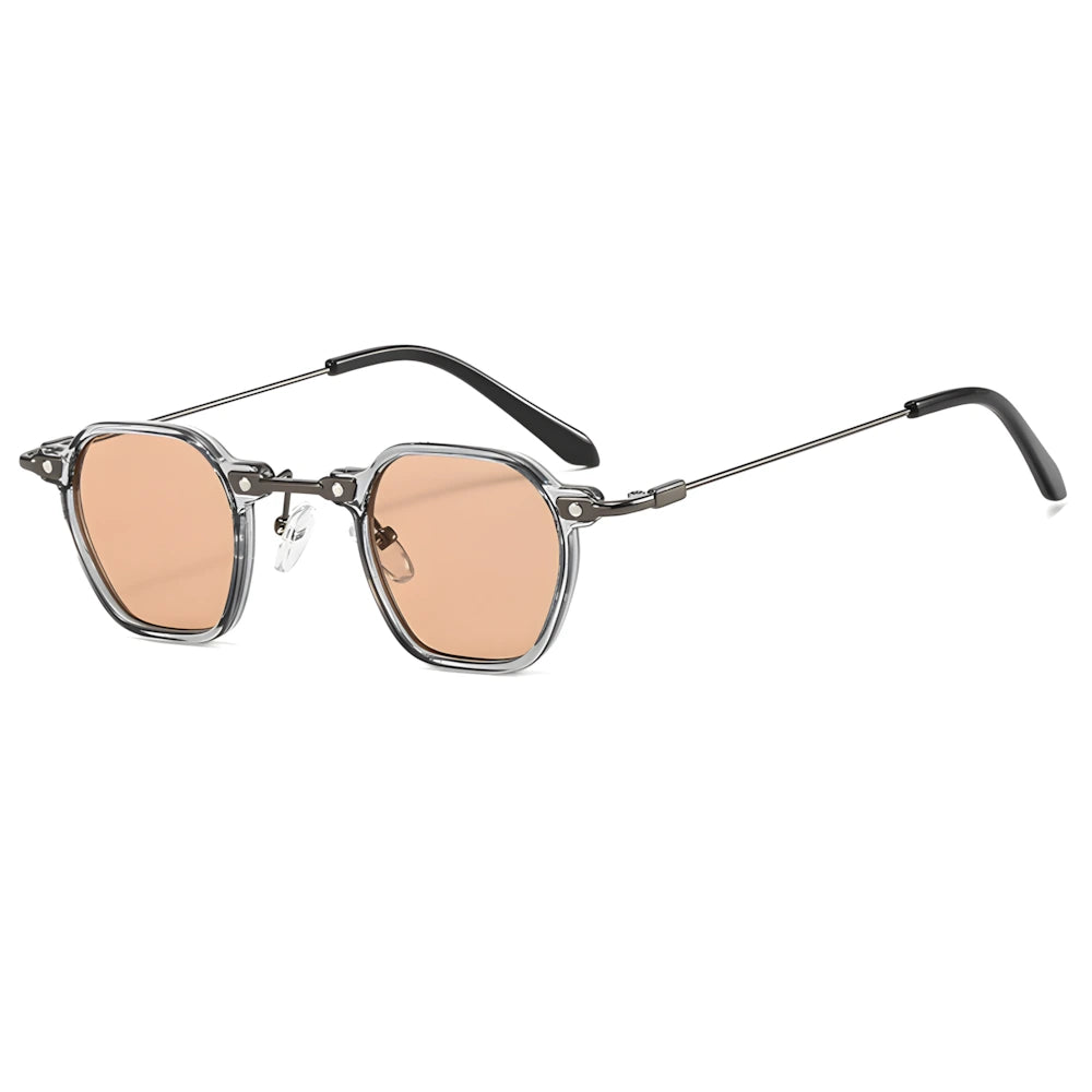 Hexagonal metal sunglasses with crystal frame and orange lenses, side angle — HARO Porto Cervo
