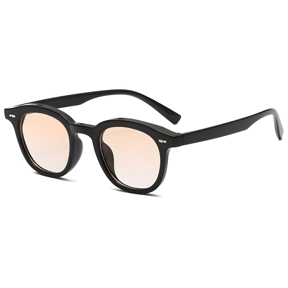 Round sunglasses with black frame and orange lenses, side angle — HARO Portofino 7PM