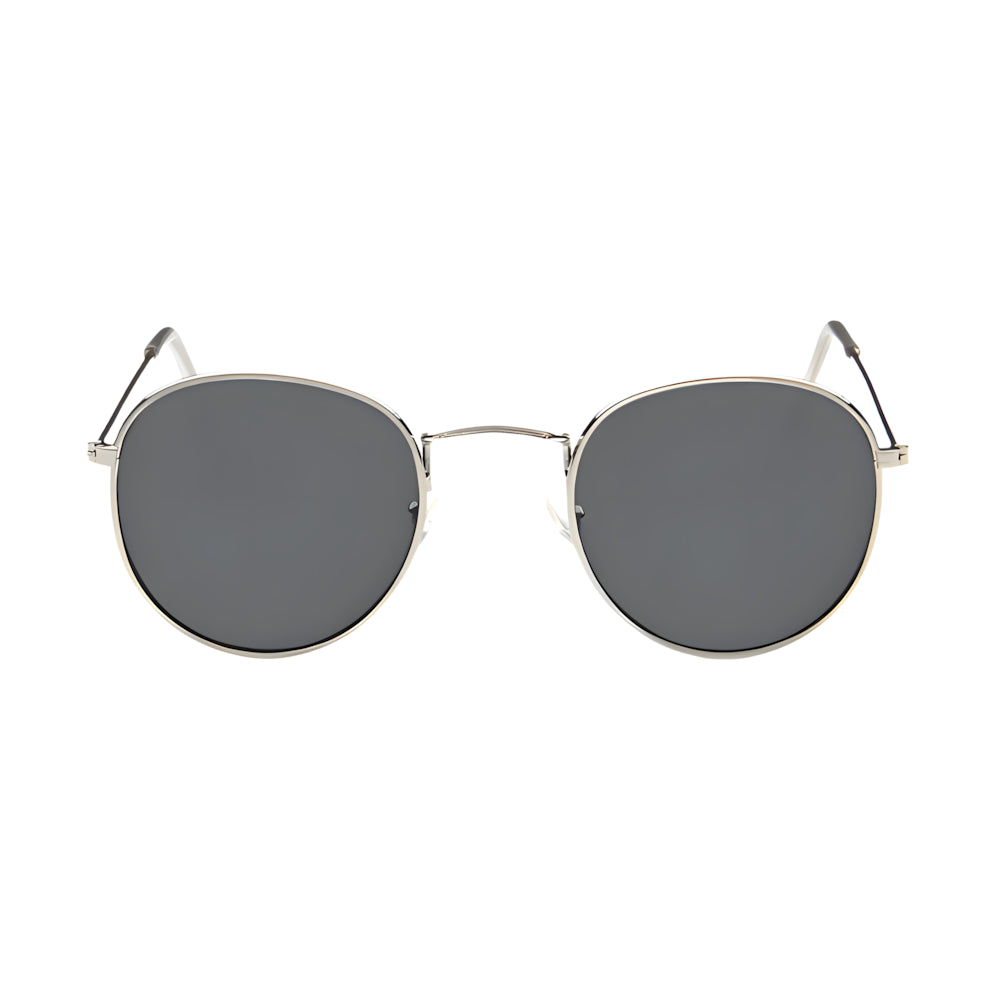 Thin round metal sunglasses with silver frame and black polarized lenses, front view — HARO Portovenere 1952