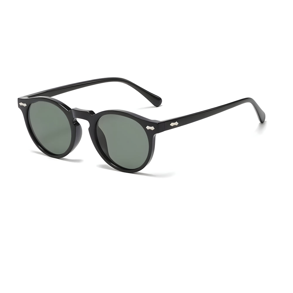Round sunglasses with black frame and green lenses, side angle — HARO Ravello Infinity