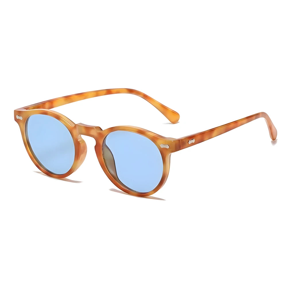 Vintage round acetate sunglasses with tortoise orange frame and blue lenses, side angle — HARO Ravello Infinity