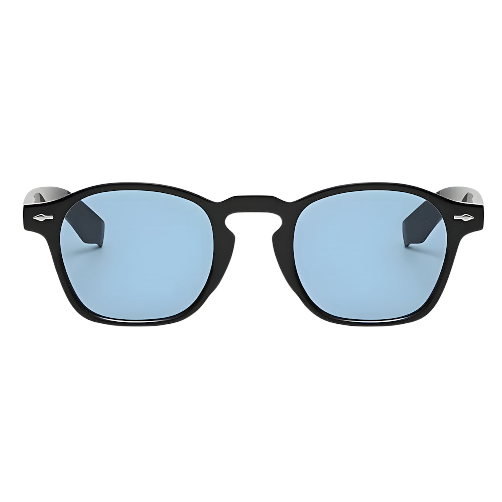 Oversized square sunglasses with black frame and blue polarized lenses, front view — HARO Riviera 1962