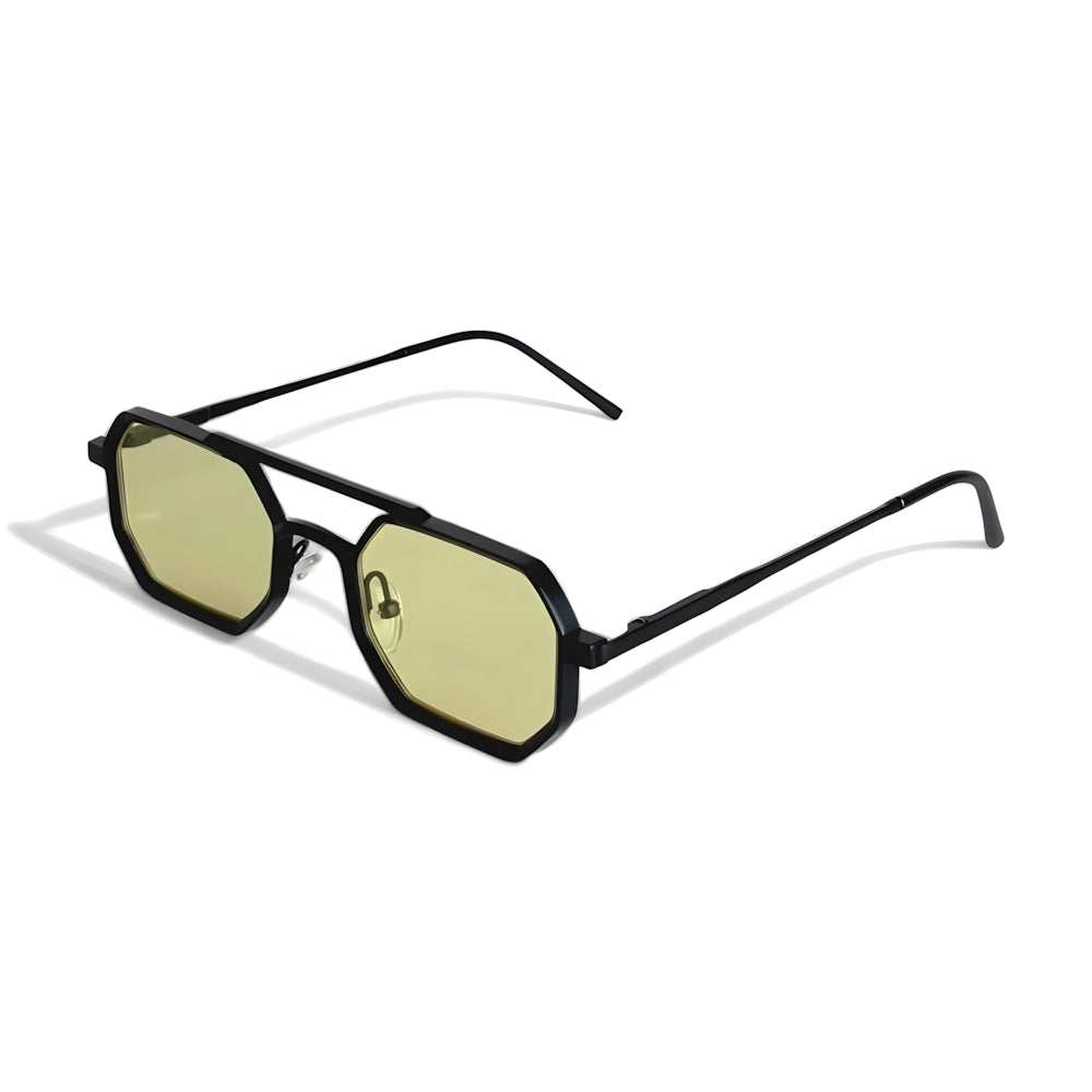 Hexagonal aviator sunglasses with black frame and yellow lenses, side angle — HARO Sorrento Grand Tour