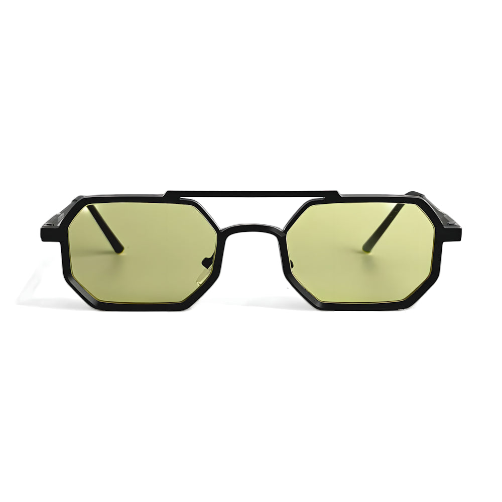 Hexagonal aviator sunglasses with black frame and yellow polarized lenses, front view — HARO Sorrento Grand Tour