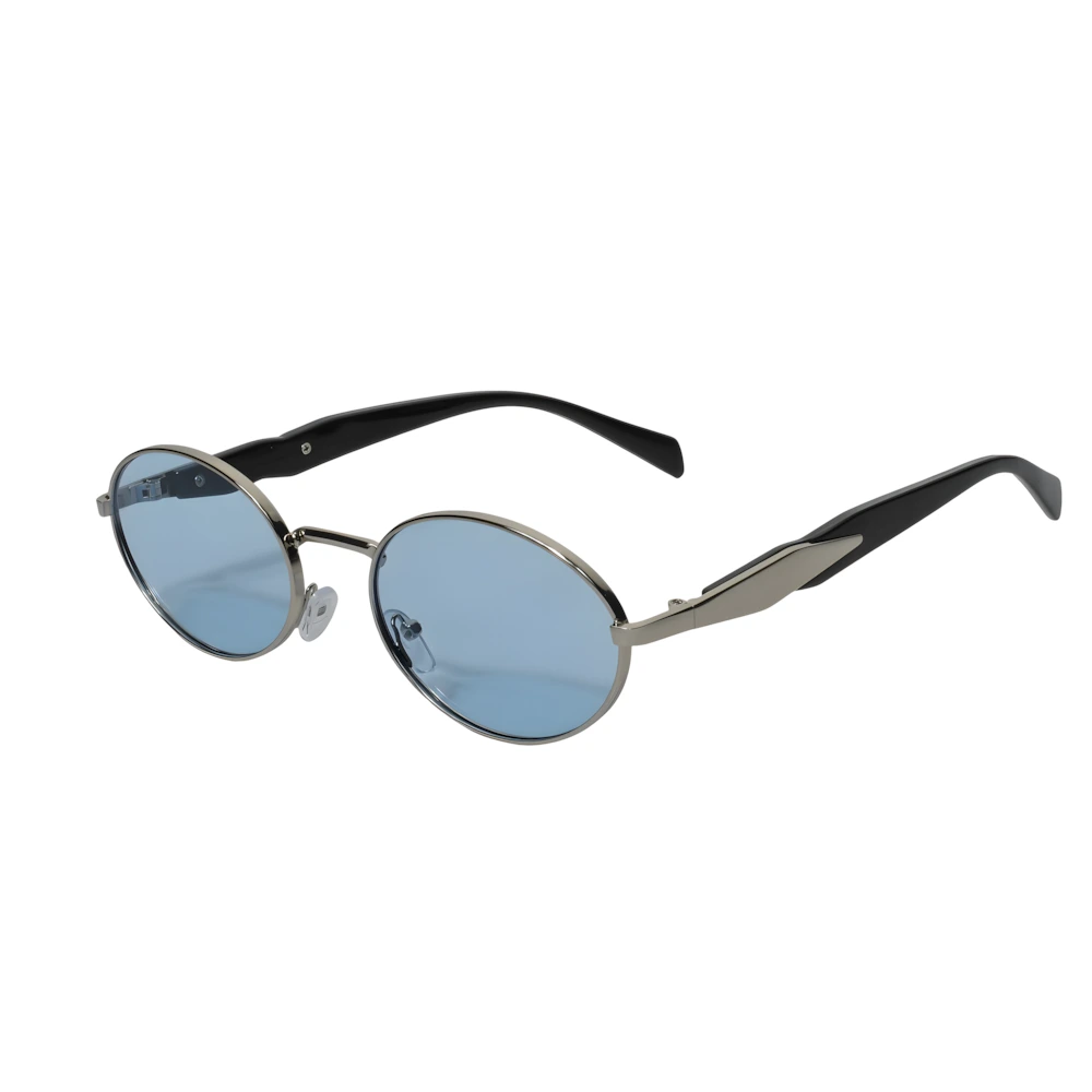 Double bridge round sunglasses with silver frame and blue lenses, side angle — HARO Villefranche Rade