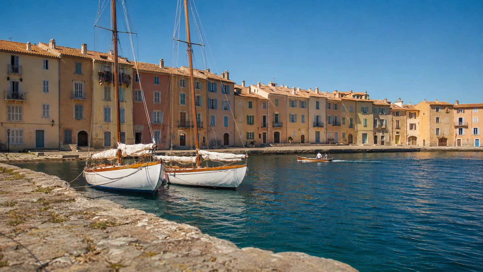 French Riviera harbor — Provençal pastel houses with painted shutters, wooden sailboats moored, turquoise Mediterranean water and stone seawall