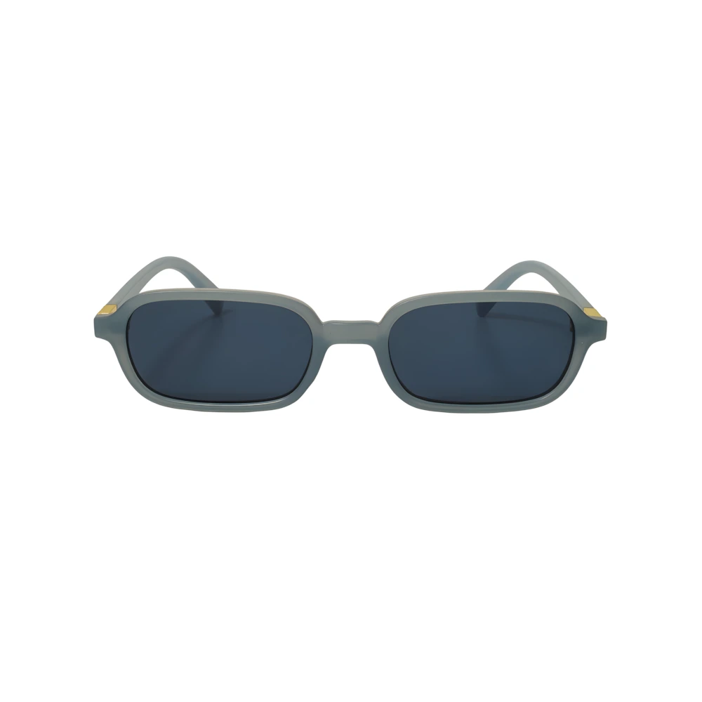 Narrow rectangular acetate sunglasses with blue frame and black polarized lenses, front view — HARO Amalfi Sails