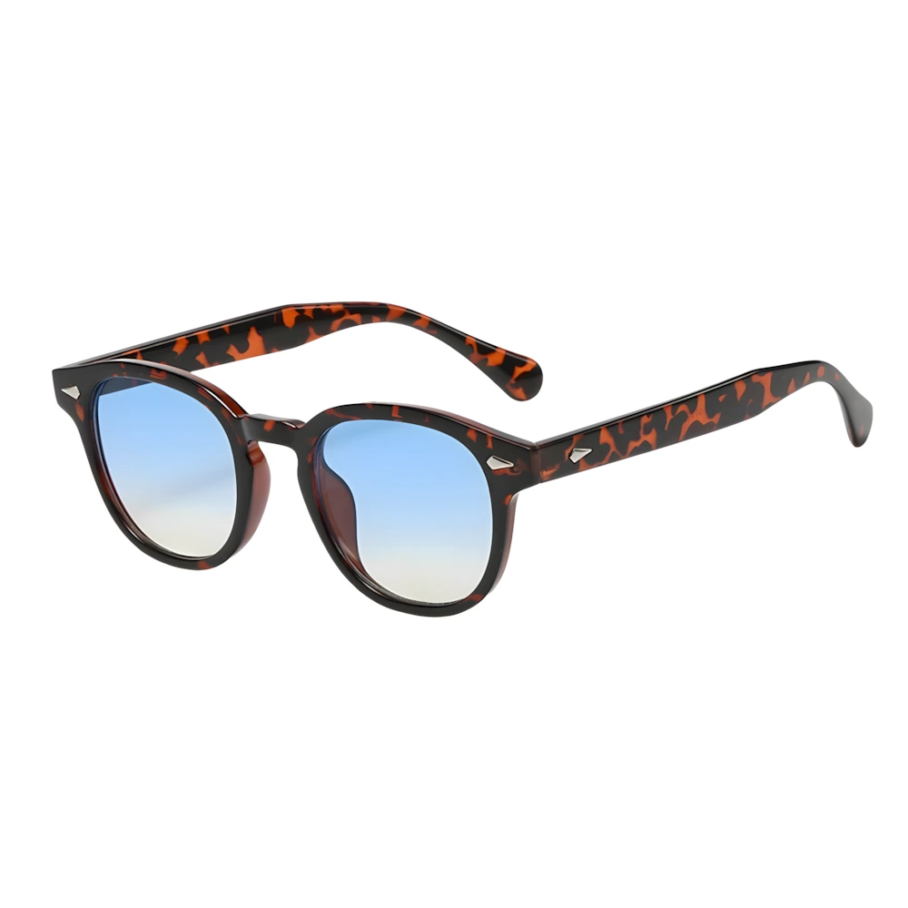 Small round sunglasses with tortoise frame and blue gradient lenses, side angle — HARO Antibes 1923