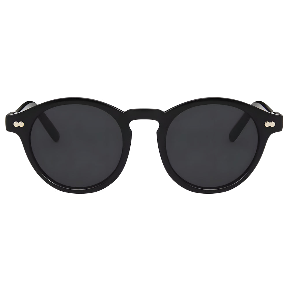 Round acetate sunglasses with black frame and black polarized lenses, front view — HARO Bordighera Liguria