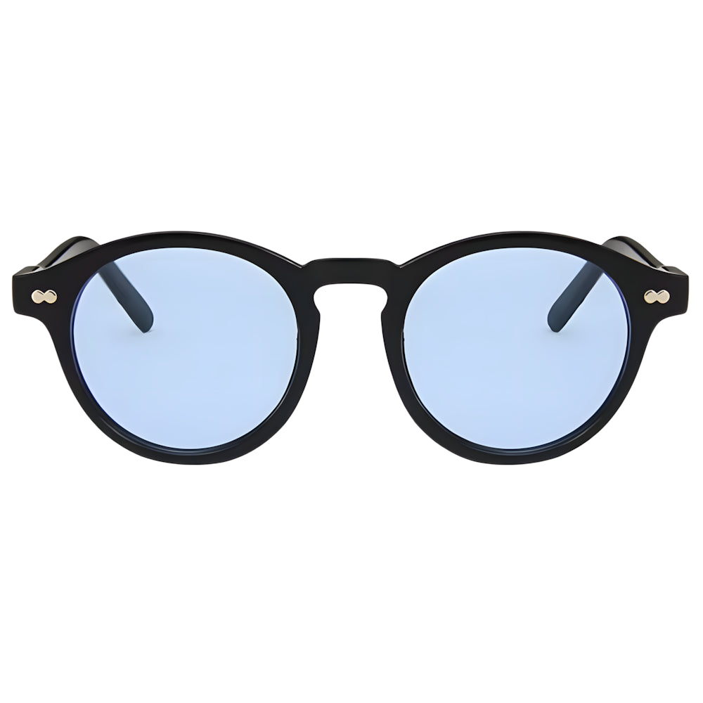 Round acetate sunglasses with black frame and blue polarized lenses, front view — HARO Bordighera Liguria