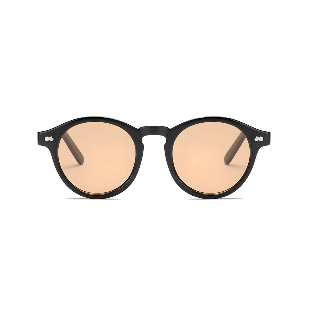 Round acetate sunglasses with black frame and orange polarized lenses, front view — HARO Bordighera Liguria