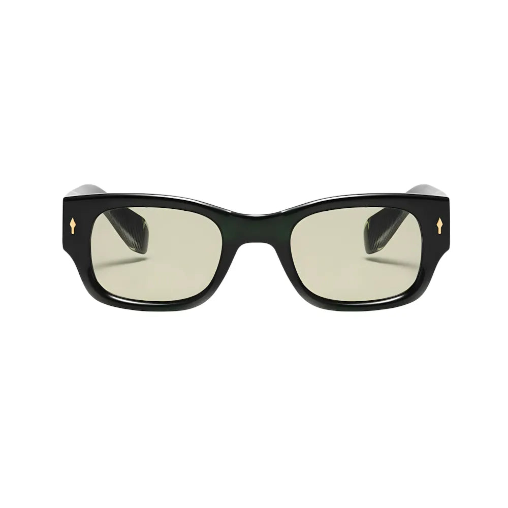Bold rectangular acetate sunglasses with green frame and green polarized lenses, front view — HARO Cinque Terre Manarola