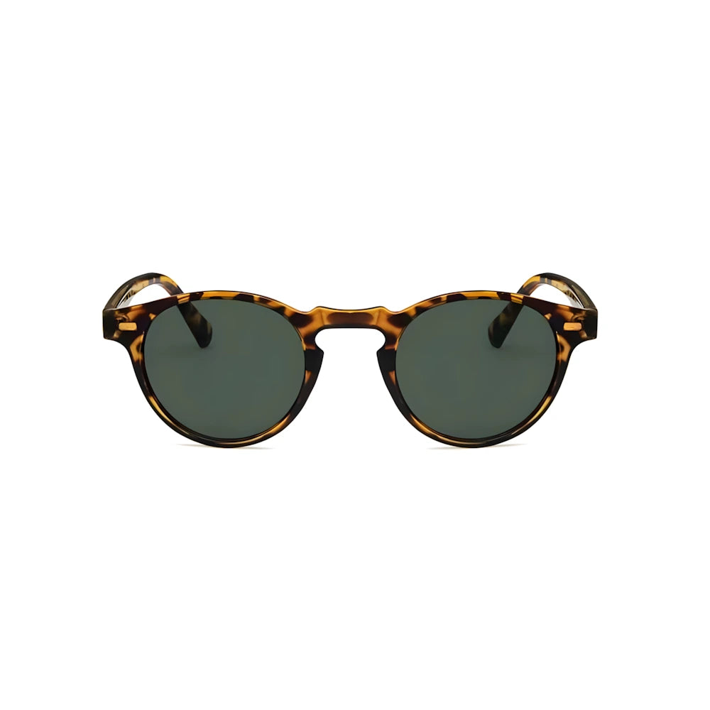 Round acetate sunglasses with tortoise frame and black polarized lenses, front view — HARO Côte d'Azur Èze