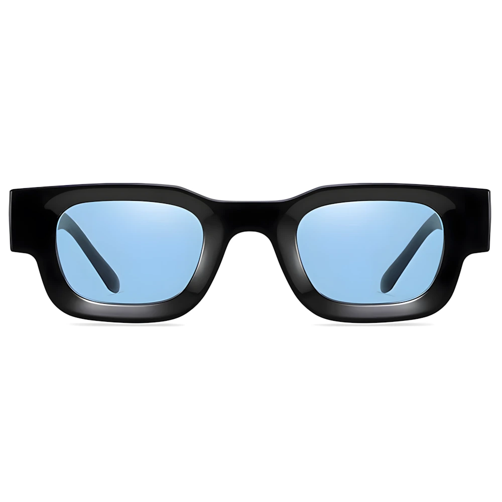 Rectangular acetate sunglasses with black frame and blue polarized lenses, front view — HARO Côte d'Azur Menton