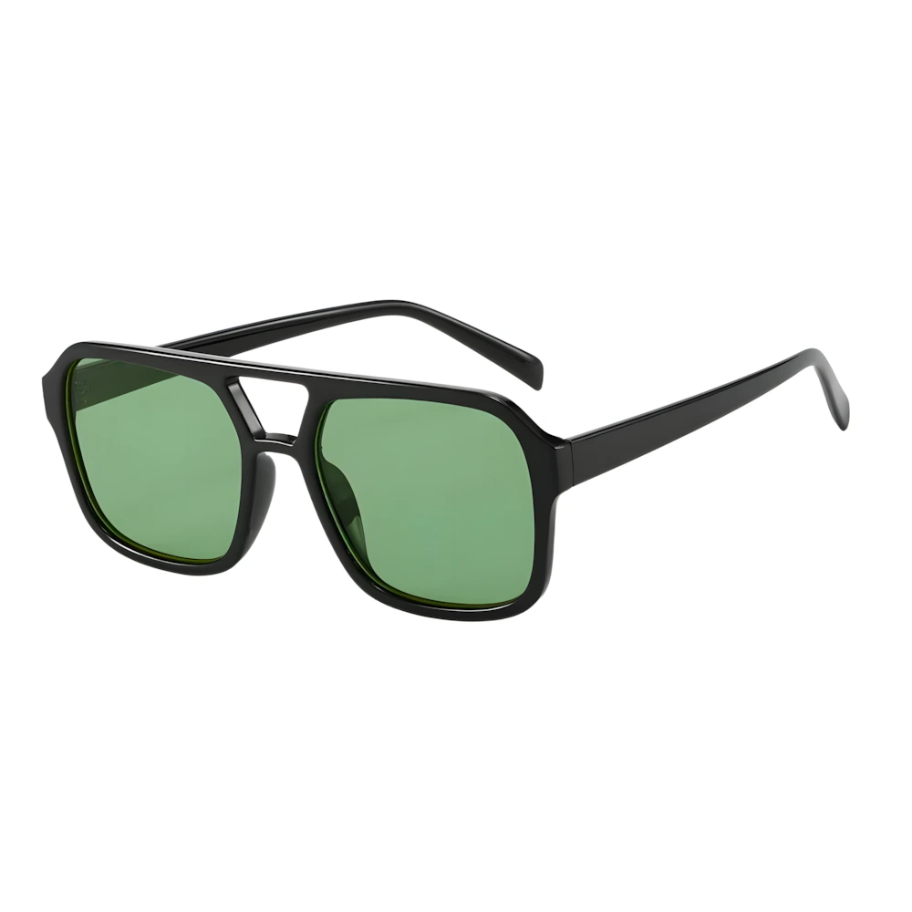 Square aviator sunglasses with black frame and green lenses, side angle — HARO Monte Carlo 1929