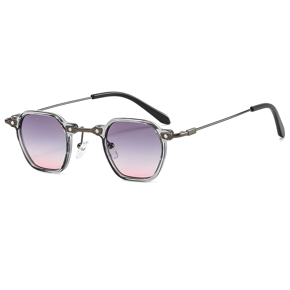 Hexagonal metal sunglasses with crystal frame and purple lenses, side angle — HARO Porto Cervo