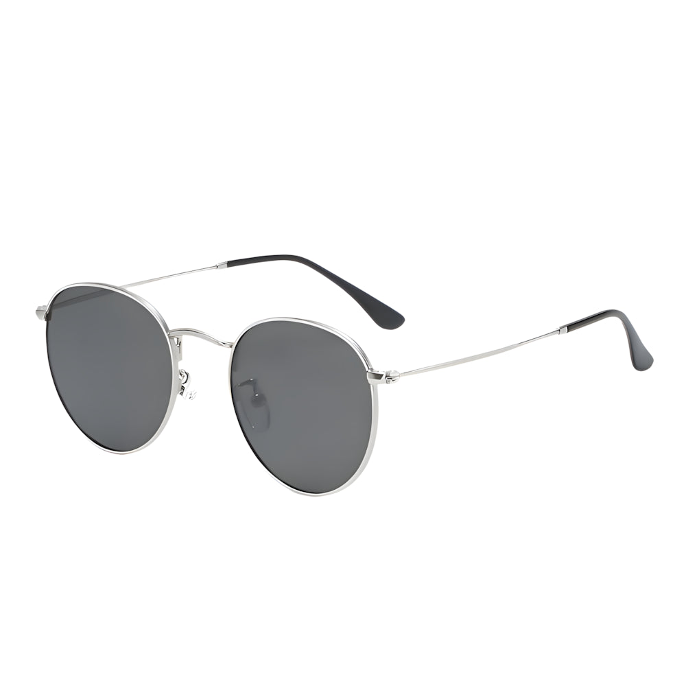 Round metal sunglasses with silver frame and black lenses, side angle — HARO Portovenere 1952