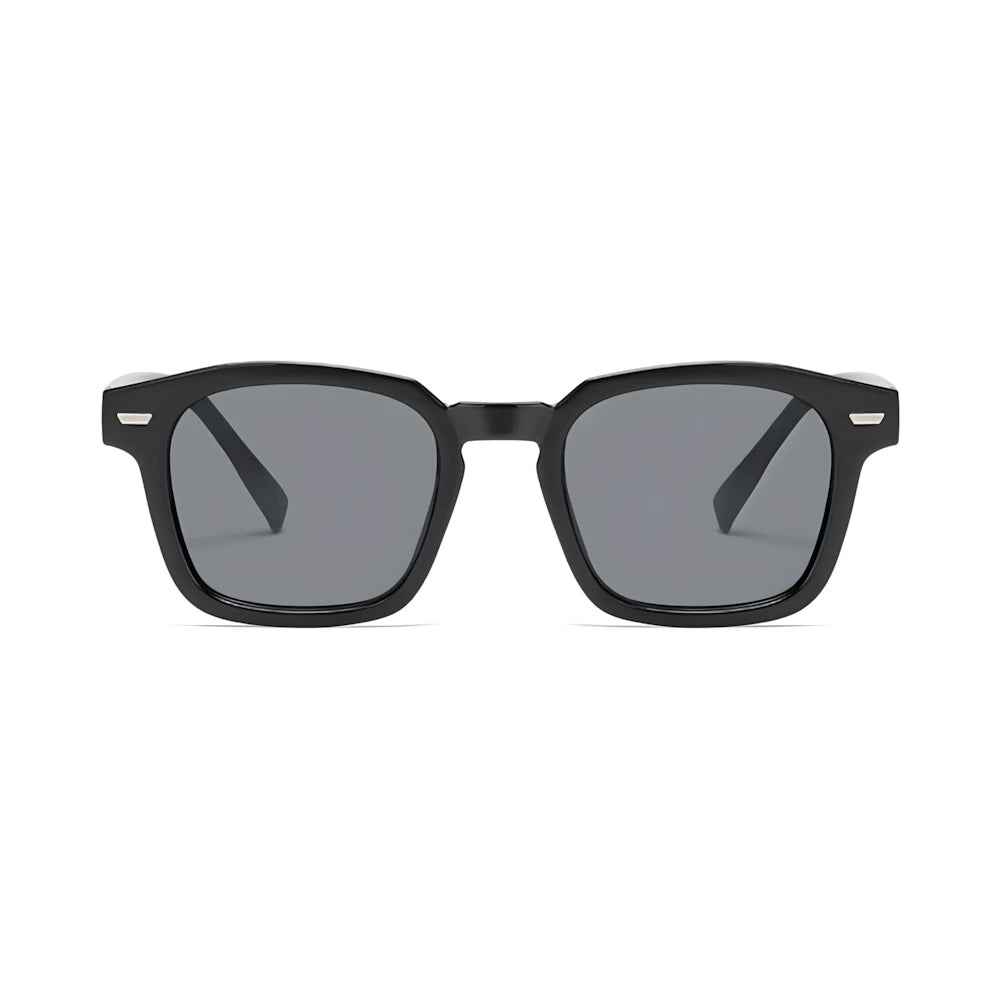 Square acetate sunglasses with black frame and black polarized lenses, front view — HARO Positano Fornillo
