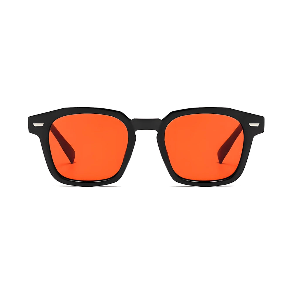 Square acetate sunglasses with black frame and red polarized lenses, front view — HARO Positano Fornillo