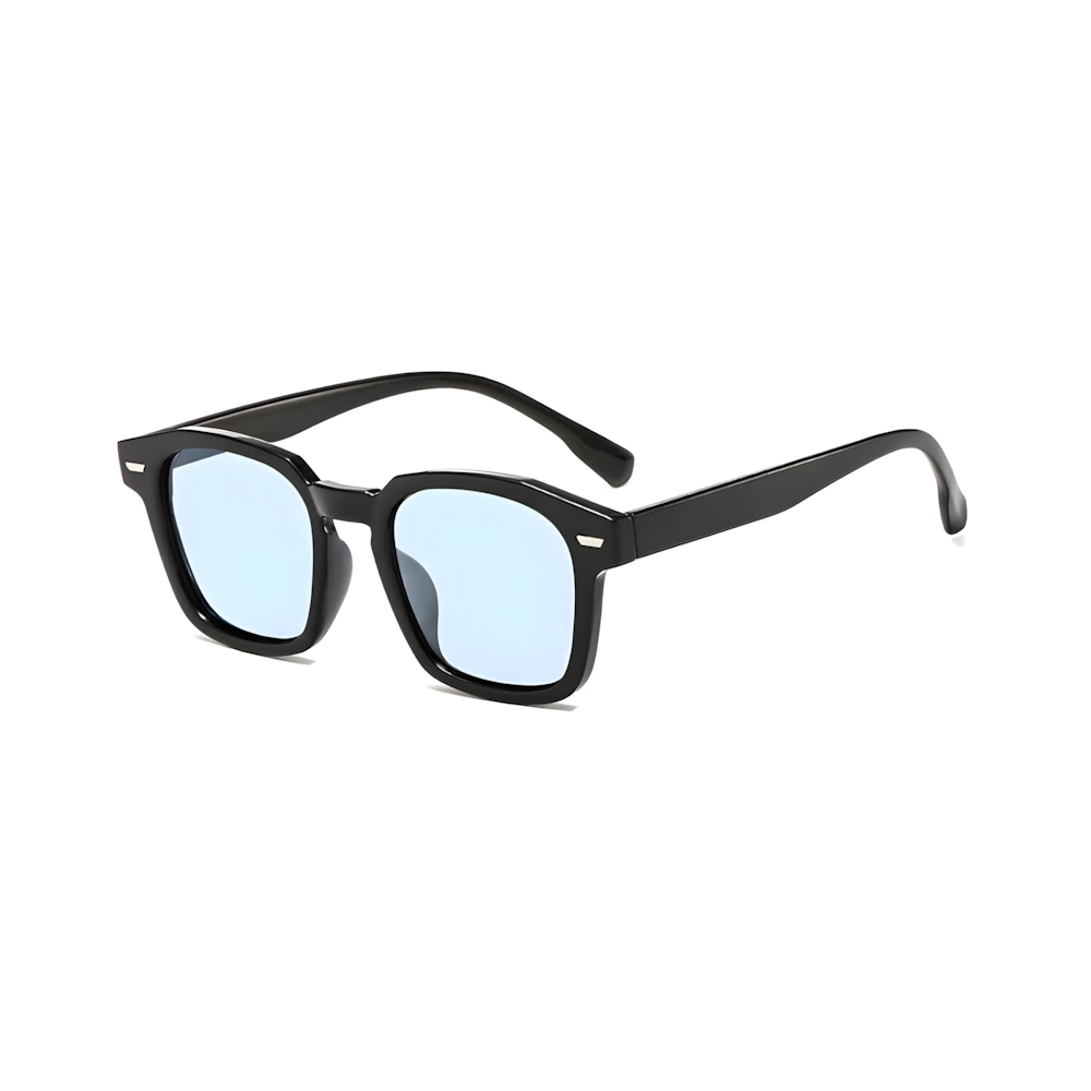 Square acetate sunglasses with black frame and blue lenses, side angle — HARO Positano Fornillo