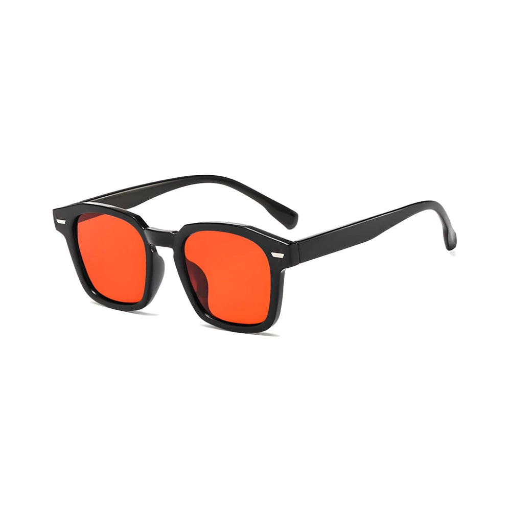 Square acetate sunglasses with black frame and red lenses, side angle — HARO Positano Fornillo