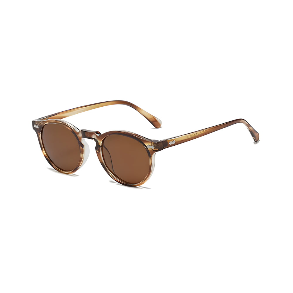 Round sunglasses with champagne frame and brown lenses, side angle — HARO Ravello Infinity