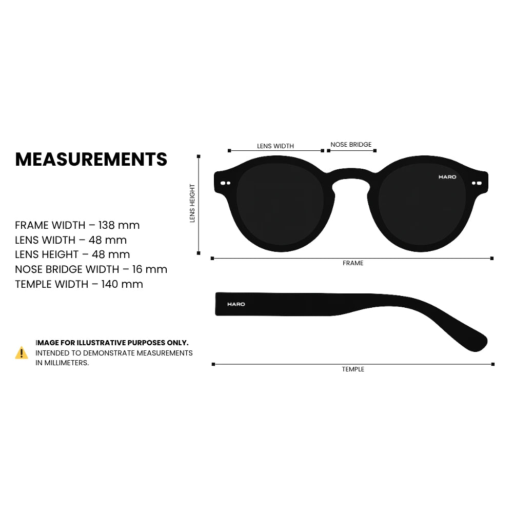 Vintage round sunglasses measurements: frame width 138mm, lens width 48mm, lens height 48mm, nose bridge 16mm, temple length 140mm — HARO Ravello Infinity