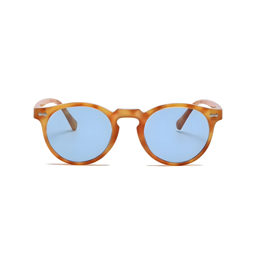 Vintage round acetate sunglasses with tortoise orange frame and blue polarized lenses, front view — HARO Ravello Infinity
