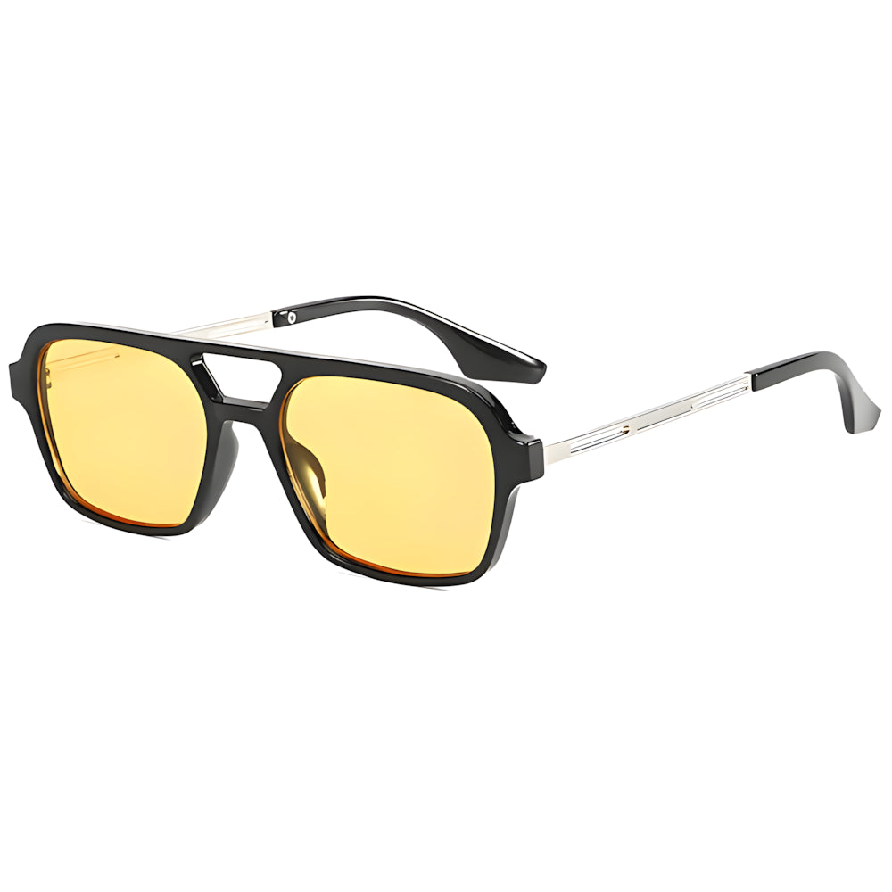 Square aviator sunglasses with black frame and yellow lenses, side angle — HARO Saint-Tropez Pampelonne