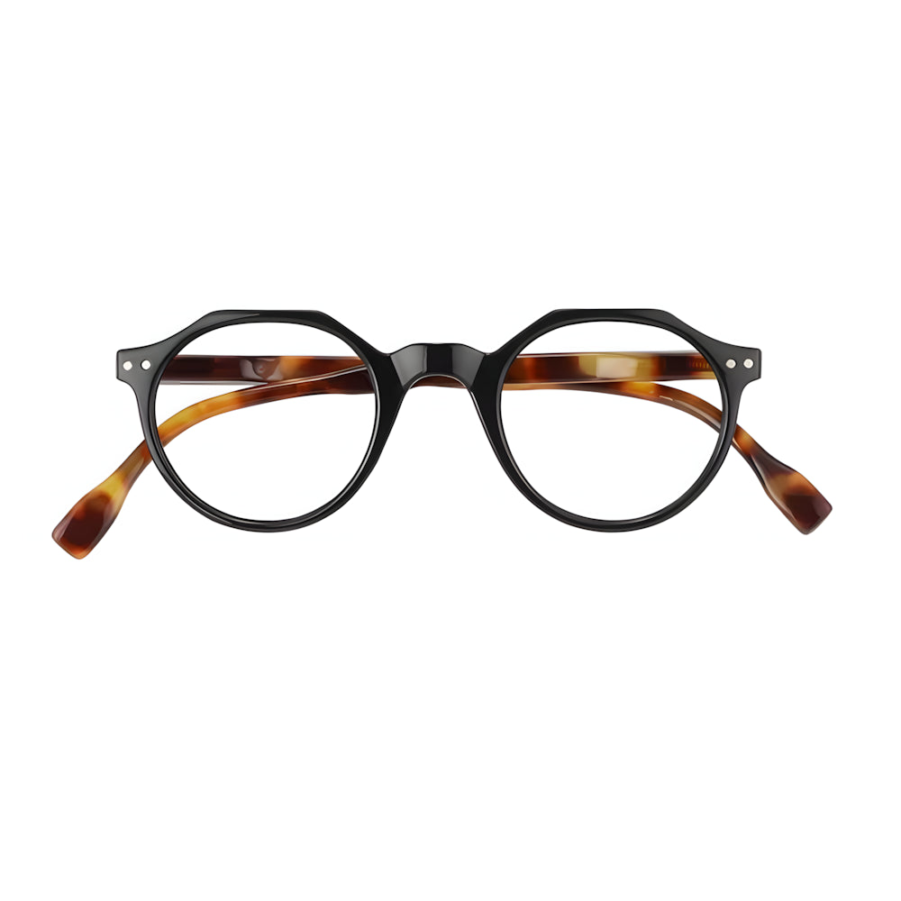 Round blue-light acetate glasses with tortoise frame and black lenses, front view — HARO Sils Maria