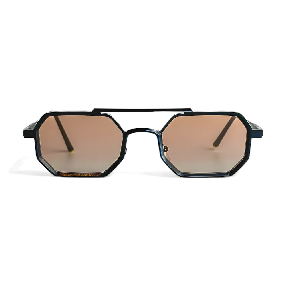 Hexagonal aviator sunglasses with black frame, champagne lenses and gold accents, front view — HARO Sorrento Grand Tour