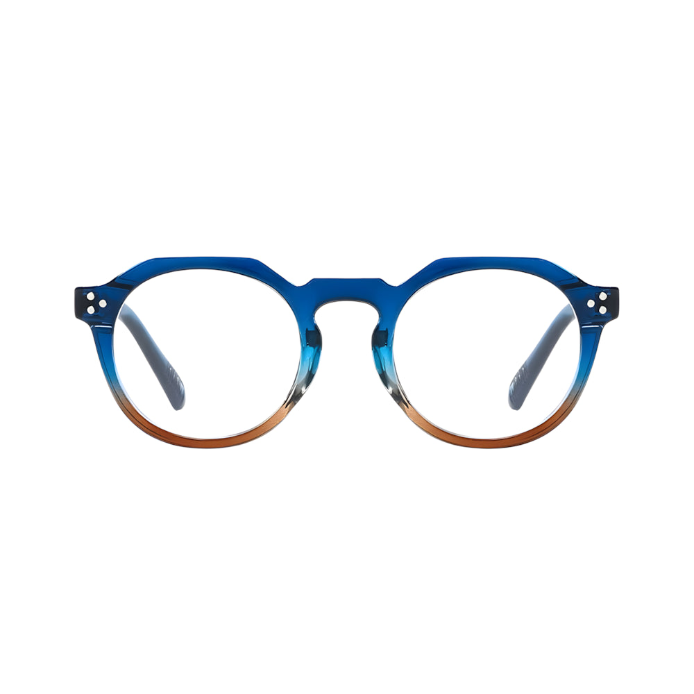 Rectangular blue-light glasses with blue acetate frame, front view — HARO Zermatt 1865