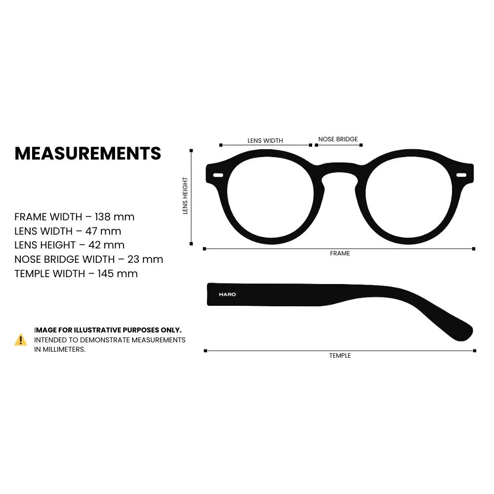 Blue-light glasses measurements: frame width 138mm, lens width 47mm, lens height 42mm, nose bridge 23mm, temple length 145mm — HARO Zermatt 1865